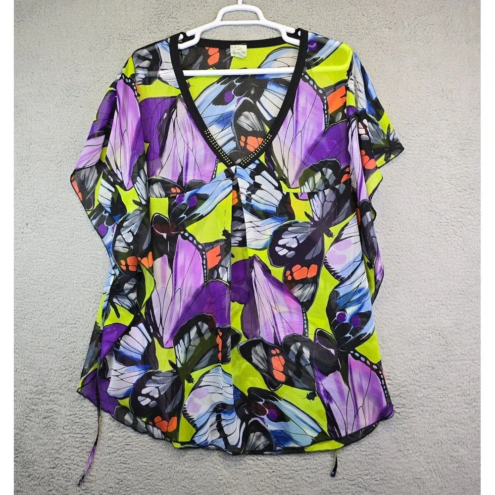One World Beach Cover Up Women's XL Purple Butterfly Kimono Sheer V-Neck Overlay